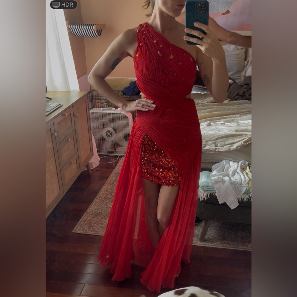 Mac Duggal One-Shoulder Red Sequin Chiffon Gown